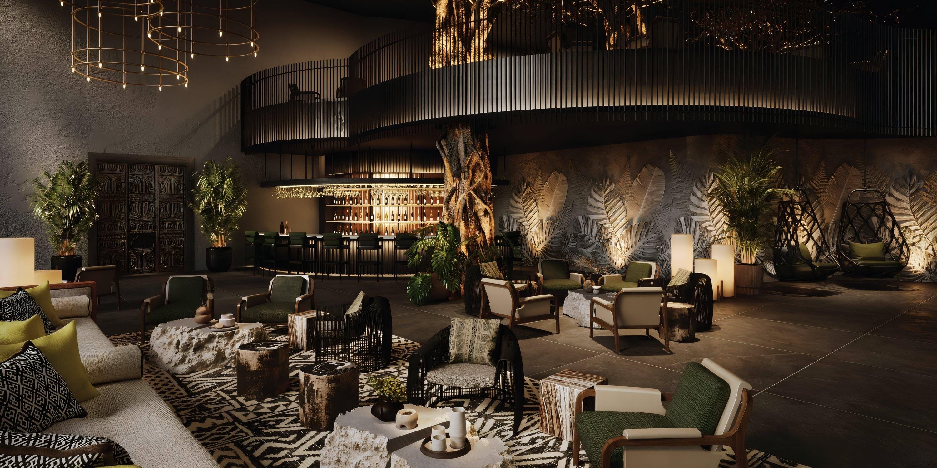 Lopesan Serenity Bay Resort Spa & Casino, ideal for destination weddings, features eclectic seating, lush indoor plants, and a stylish central bar.