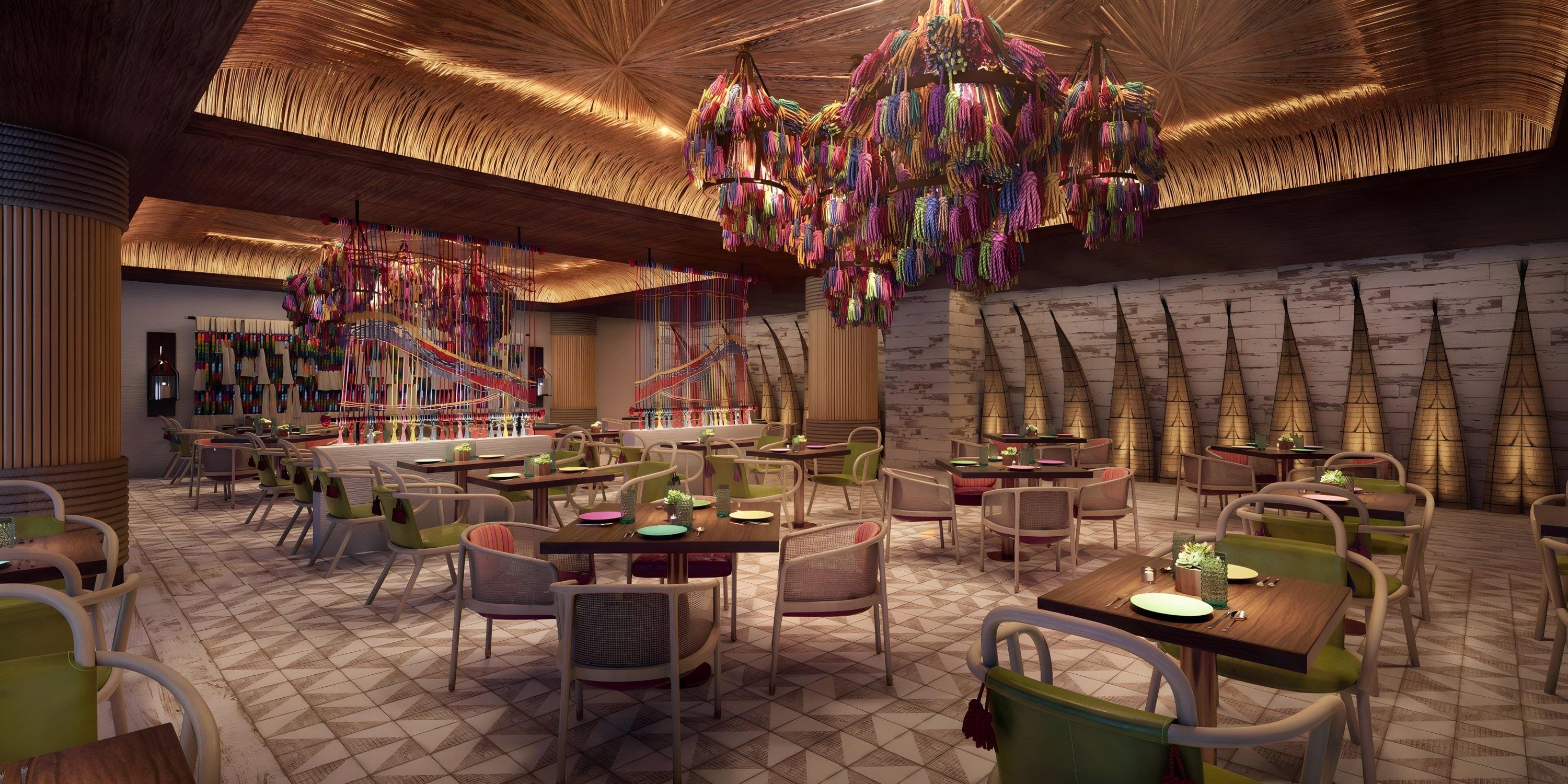 Lopesan Serenity Bay Resort Spa & Casino offers a chic setting for a destination wedding, with vibrant chandeliers and wood accents.