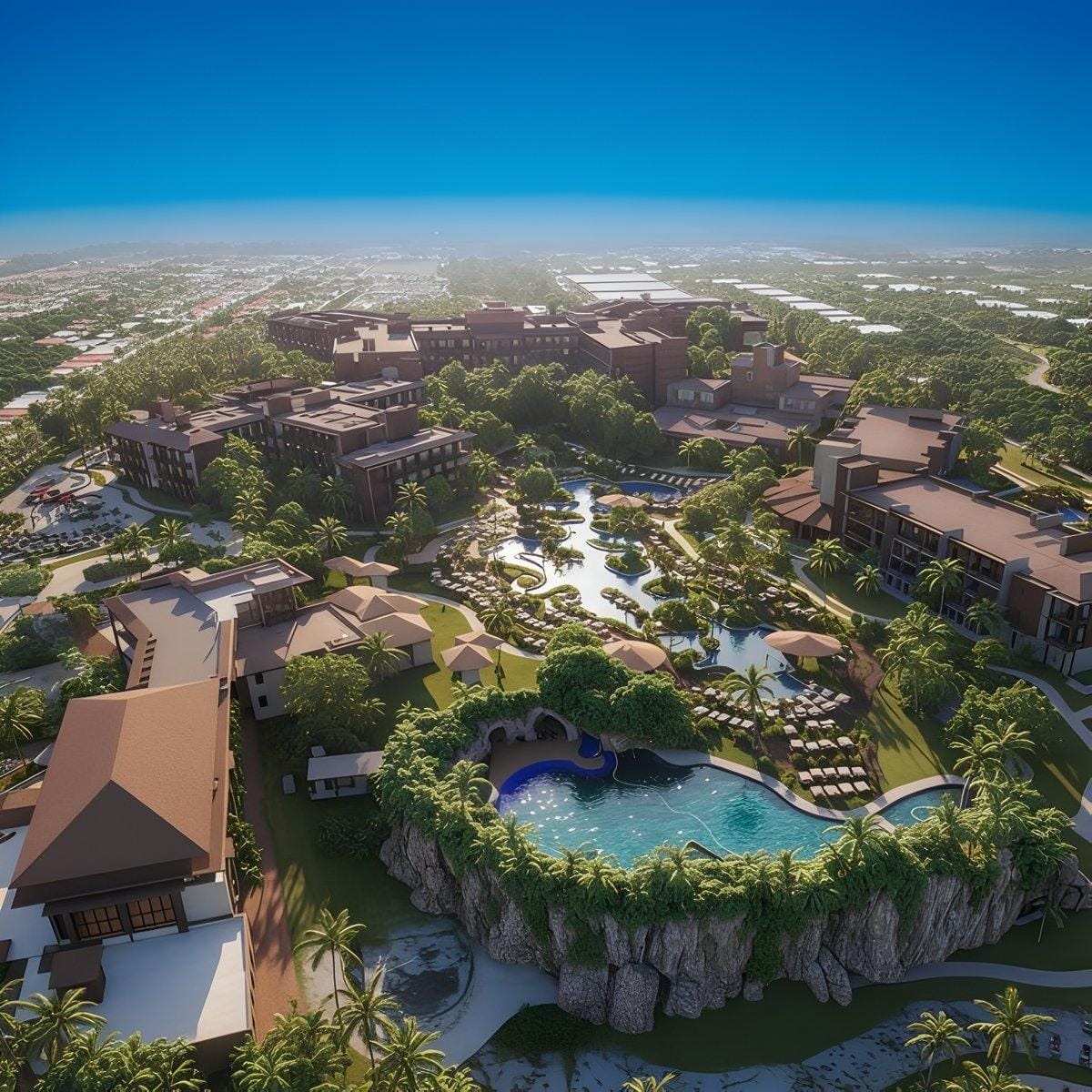 Aerial view of Lopesan Costa Bavaro resort, an ideal destination wedding spot with pools and lush grounds.