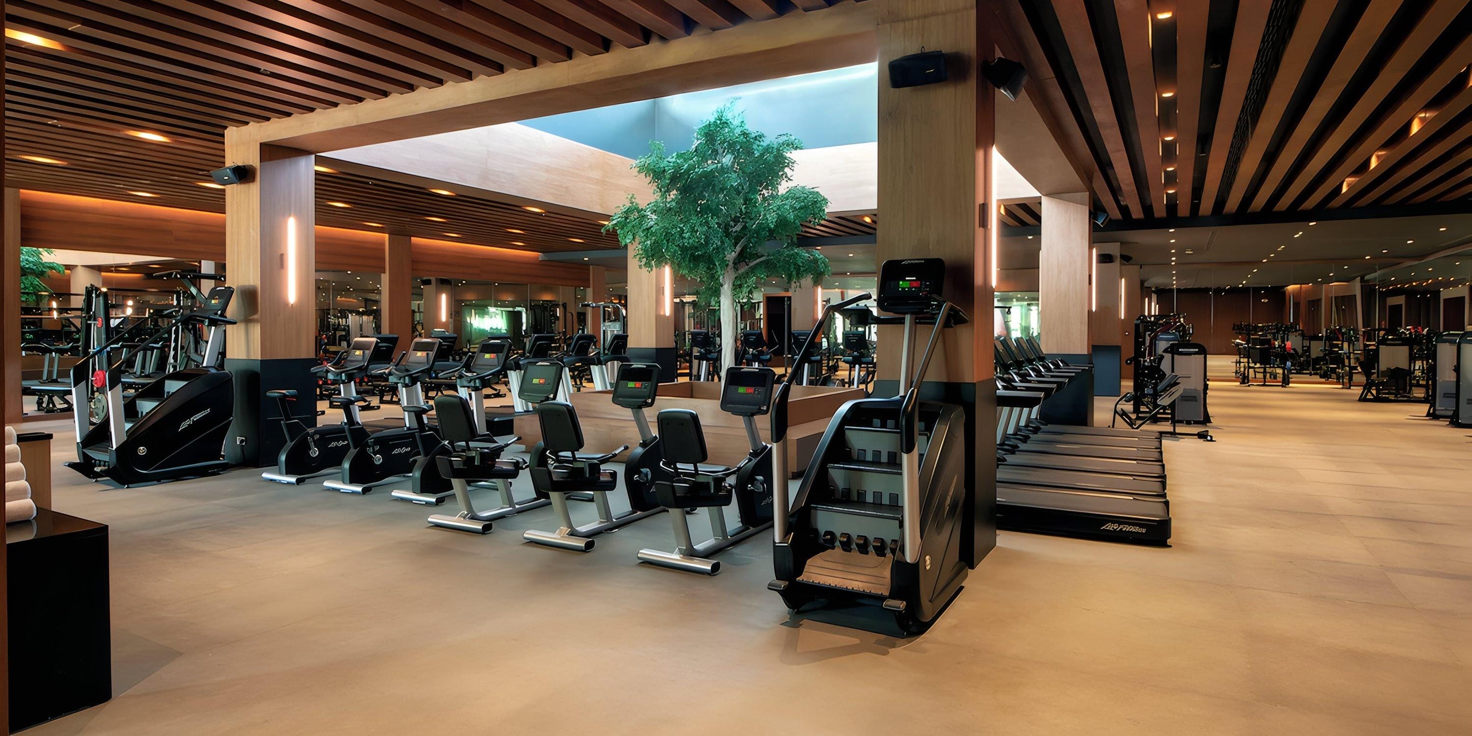 Lopesan Costa Bavaro gym, ideal for destination wedding guests, features cardio, weights, and plants.