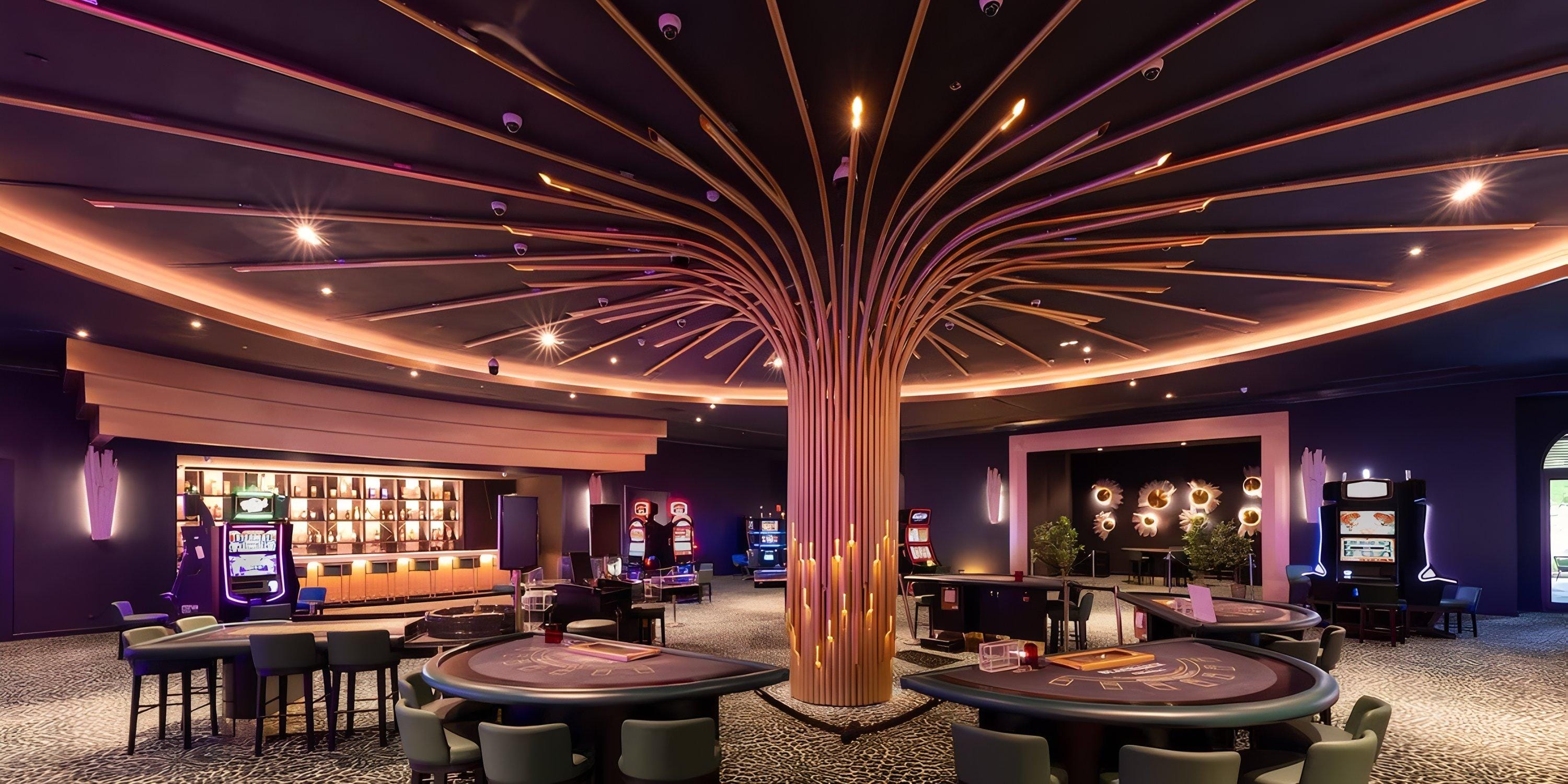 Modern Lopesan Costa Bavaro casino, ideal for destination weddings, featuring gaming tables, slots, and a central decorative pillar.