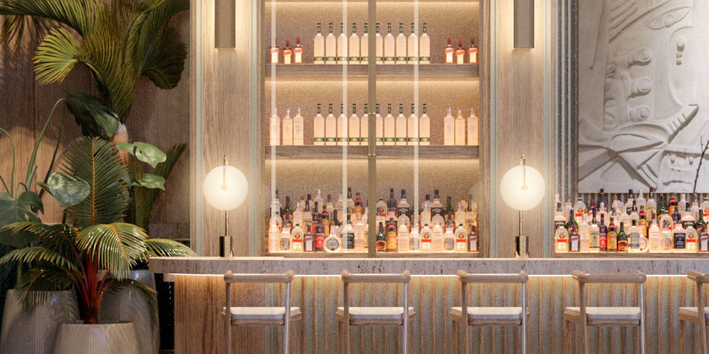 UNICO 18°77° Montego Bay: Modern bar, 4 stools—perfect for a chic destination wedding.