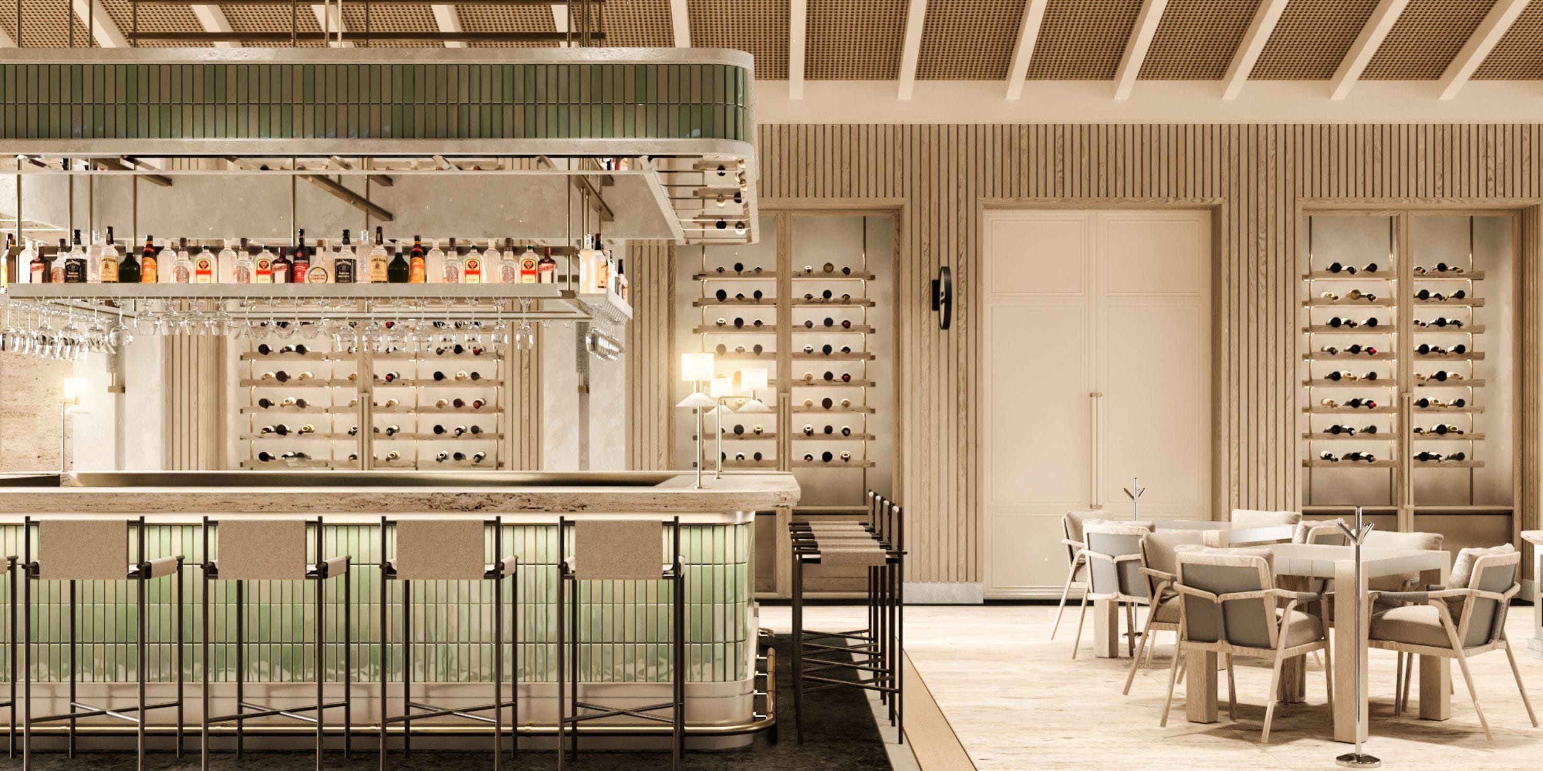 UNICO 18°77° Montego Bay bar ideal for destination wedding; bottles, racks, neutral seating.