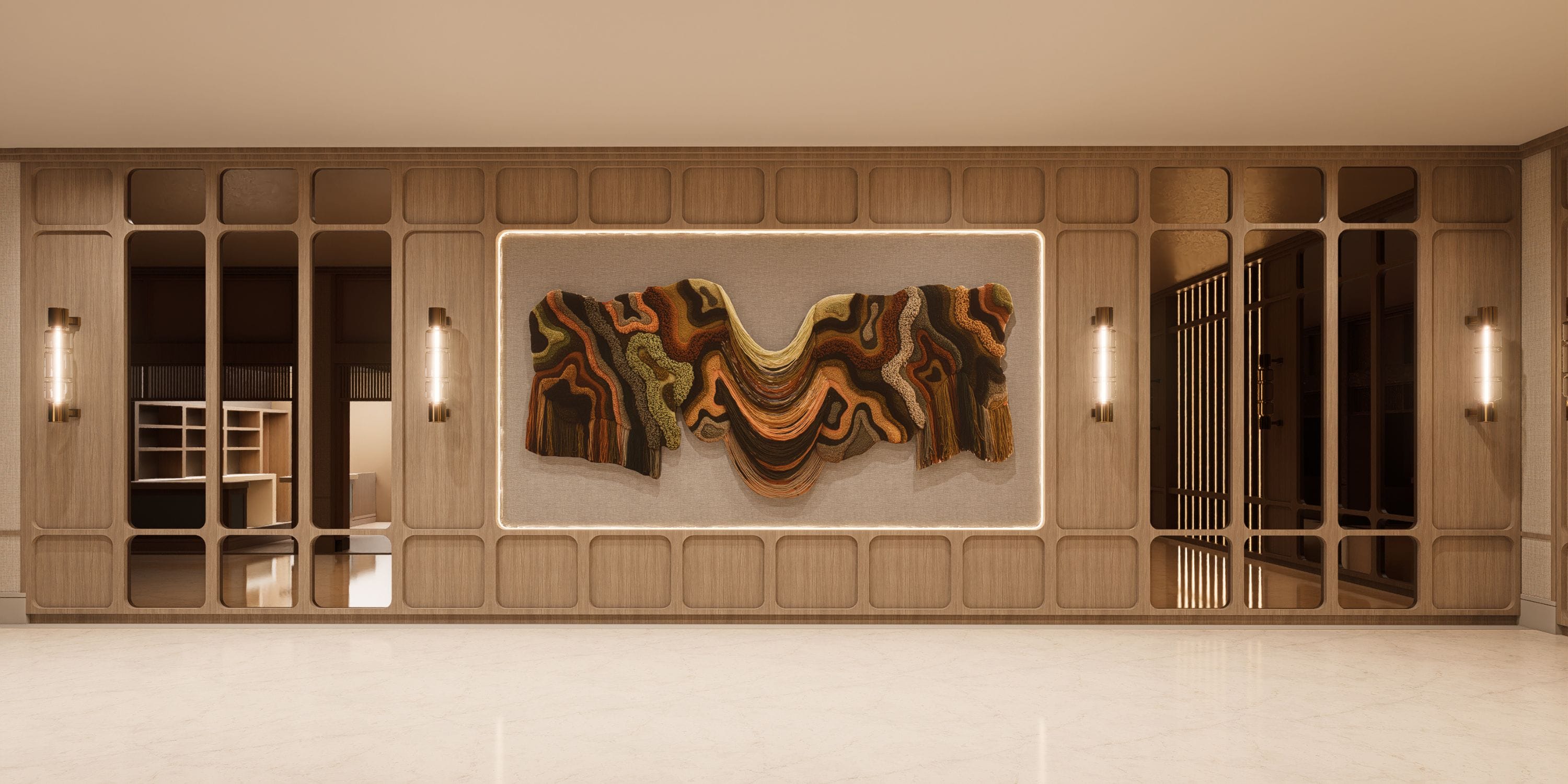 UNICO 18°77° Montego Bay art sets an inviting tone for a chic, wedding-ready wood hallway.