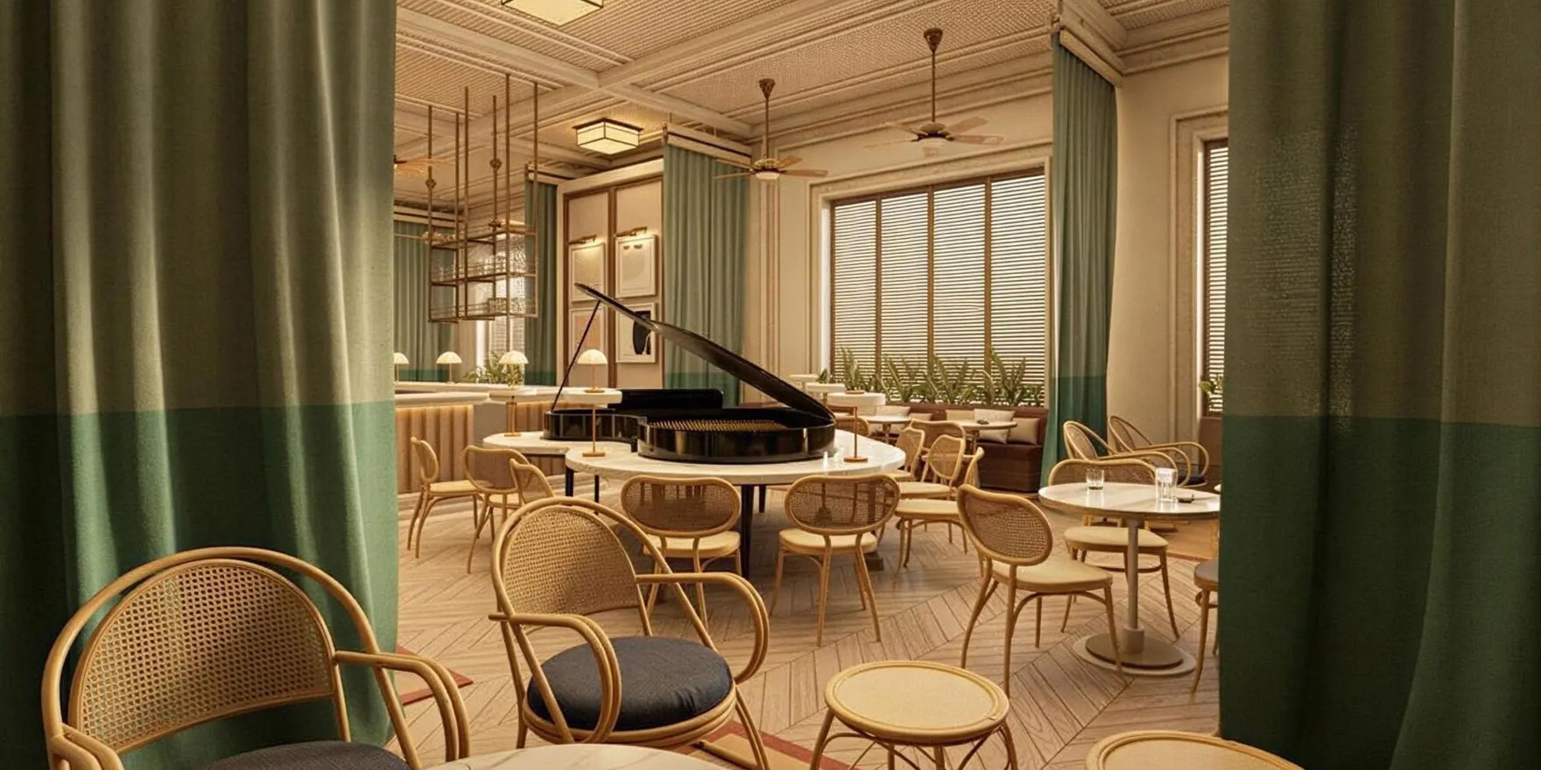 UNICO 18°77° Montego Bay: stylish cafe with piano, rattan chairs—great for destination weddings.