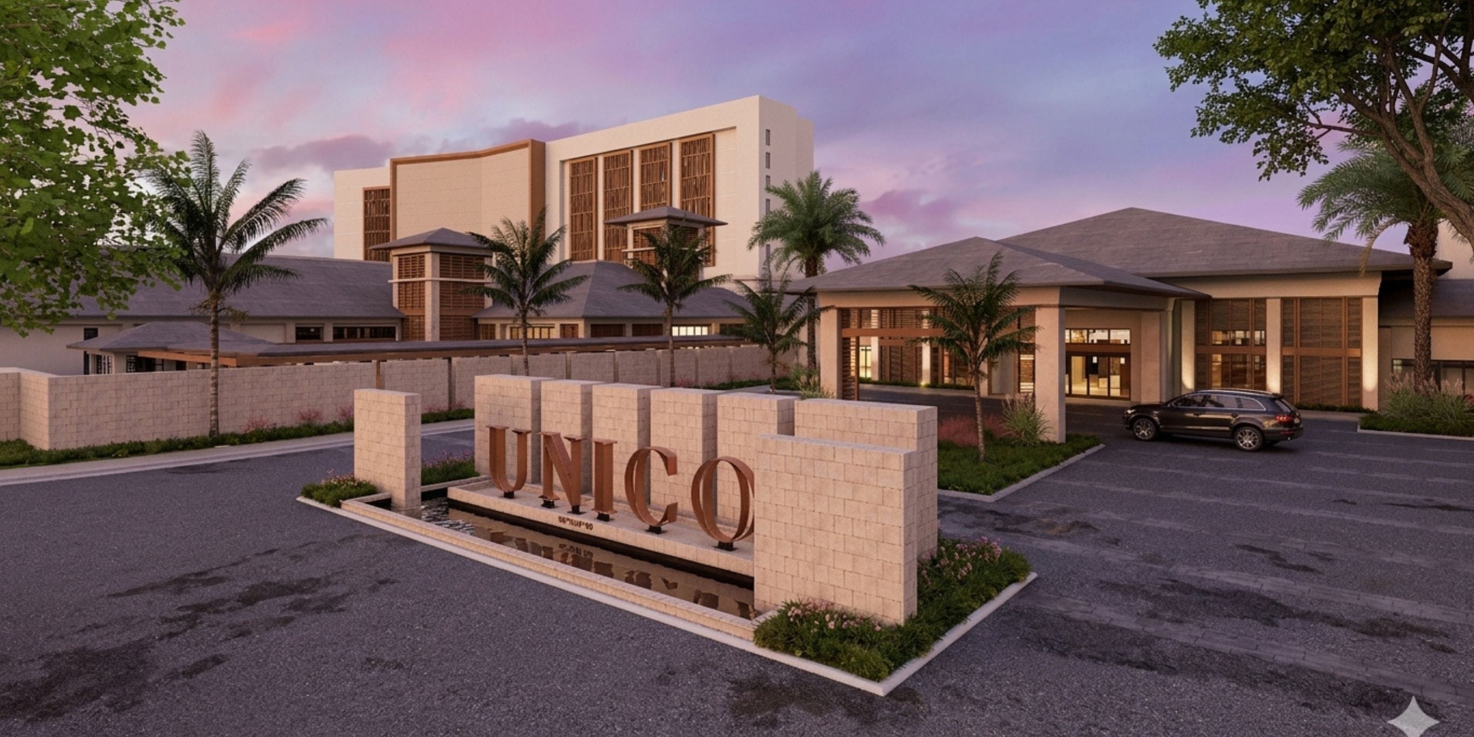 Modern wedding venue with palm trees and a “UNICO 18°77° Montego Bay” sign at the entrance.