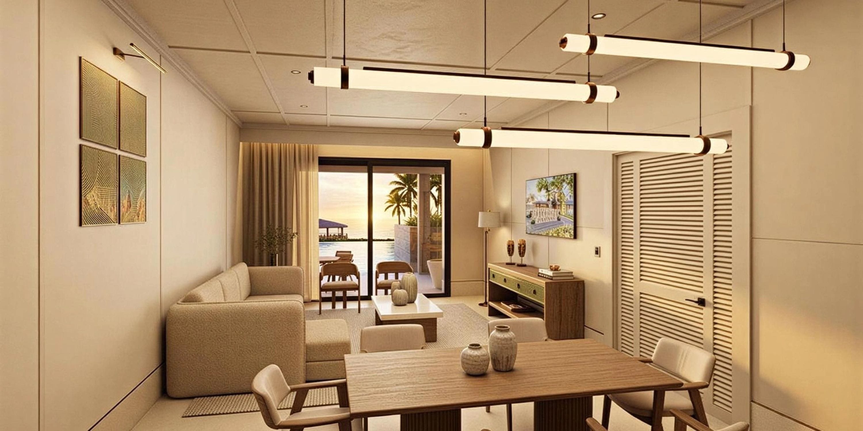 Elegant living-dining room with neutral decor, sunset ocean view—perfect for destination weddings.