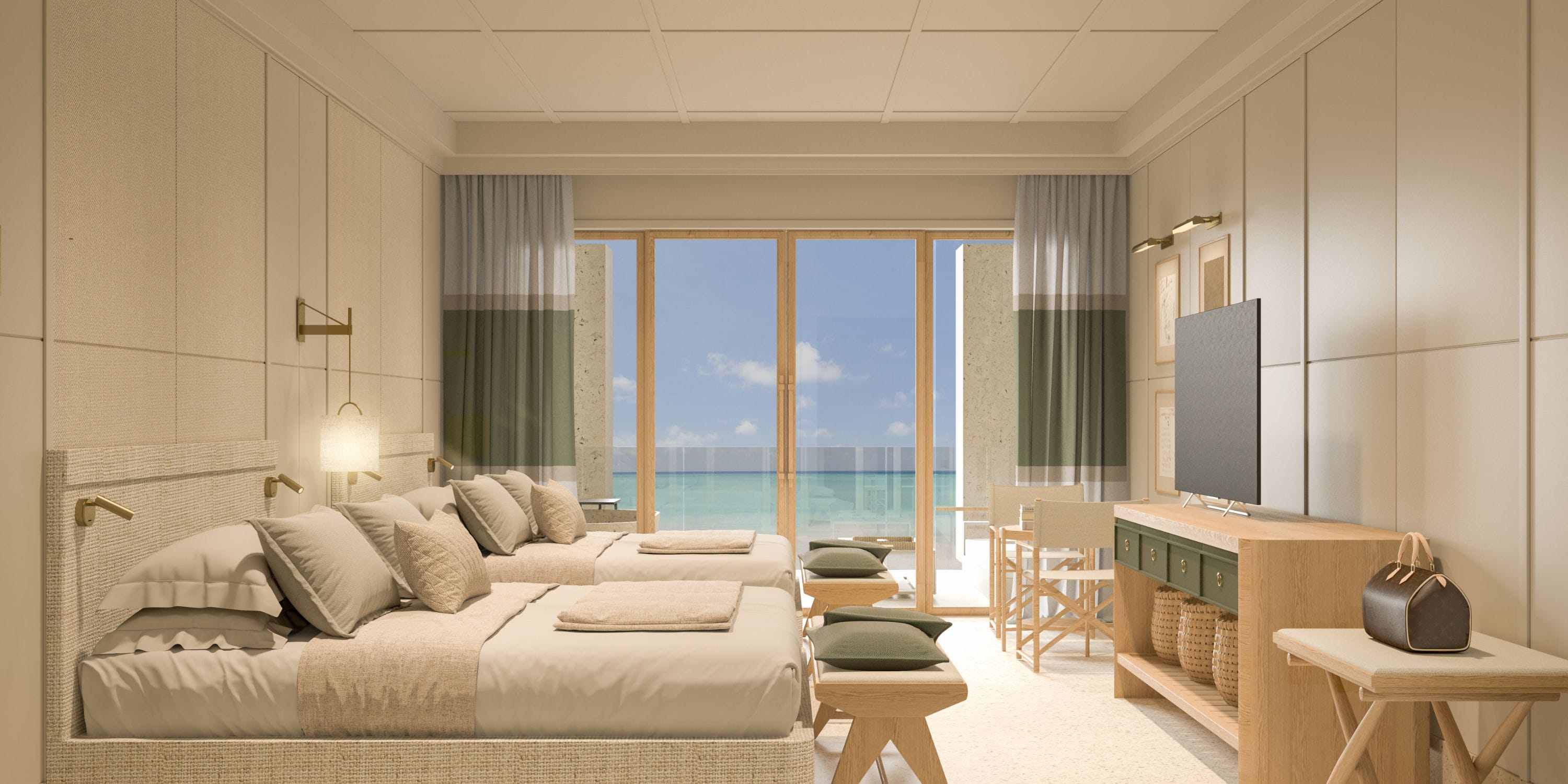 Modern room at UNICO 18°77°, 2 beds, desk, TV, ocean-view balcony—ideal for a destination wedding.
